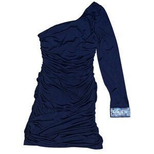 Cocktail Dress, One-Shoulder Slit-Sleeve, Crystal Detail, Mini, dark blue, XS